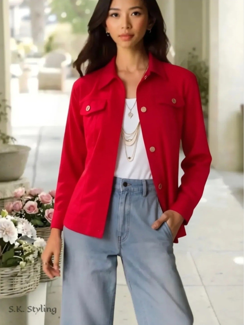 Chaps Denim Red Jean Jacket Button-up 3/4 Sleeve Women's size M/LARGE